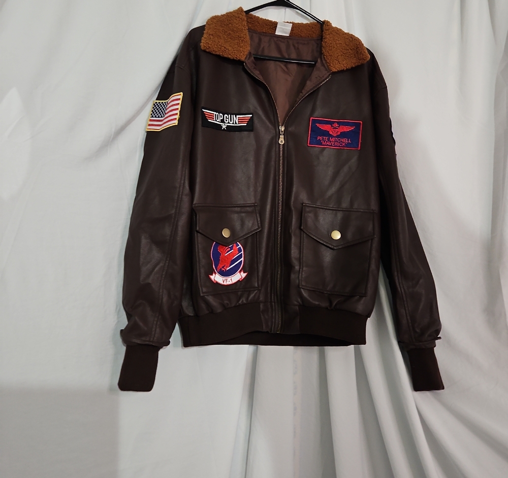 Spirit Halloween "Top Gun" Brown Bomber Jacket with Tan Sherpa Collar - Small